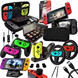 Orzly Accessories Bundle Compatible with Nintendo Switch (NOT OLED model) Geek Pack: Case & Screen Protector, Joycon Grips & Racing Wheels, Controller Charge Dock, Comfort Grip Case & More - JetBlack